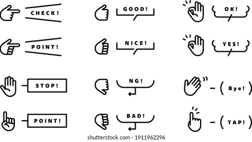 A set of icons and illustrations of various hand gestures and their associated speech bubbles and frames.