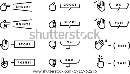 A set of icons and illustrations of various hand gestures and their associated speech bubbles and frames.