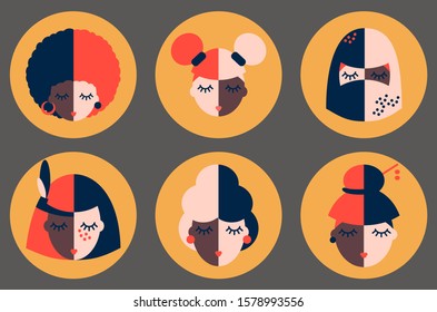 Set of icons illustrations of women of different races