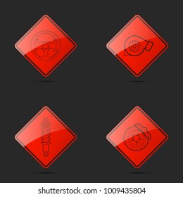 Set icons image auto parts. Symbols car part: turbine, steering wheel, strut, brake disc support. Car service pictures. Logo car garage. Vehicle spare parts. Set automotive. Turbo Car repair service