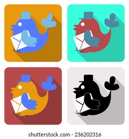 Set of icons with the image of a bird postman, flat icons four images on different backgrounds
