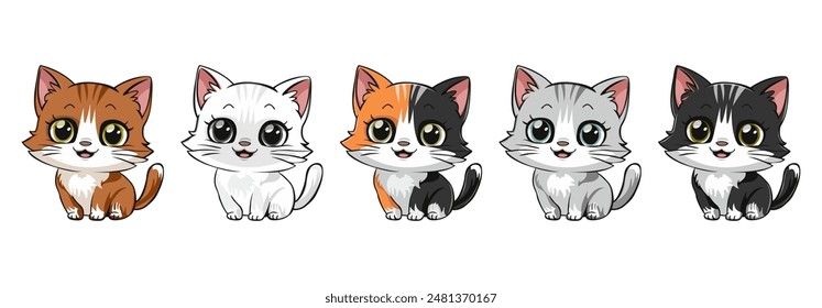 Set of icons with image of kittens.  Different colors. Cute kitten. Children's funny character. Print stickers.  Flat design. Isolated on white background. Vector