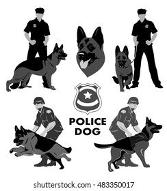 Set of icons with the image of a police dog Shepherd and cops