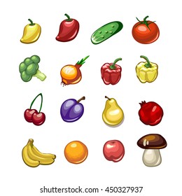 Set of icons with the image of ripe vegetables and fruits. Vector illustration.