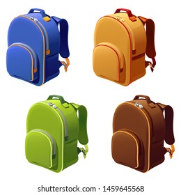Set of icons with the image of school backpacks of different colors, isolated on white background