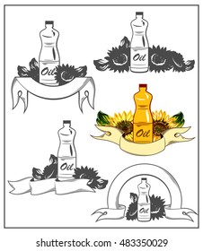 Set of icons with the image of sunflower oil bottles, banners, labels, badges