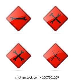 Set icons image of tools wrench parts. Symbols car part tools spanner for repair. Logo hammer garage. Vehicle spare parts. Set tailor scissors. Car wrench repair service