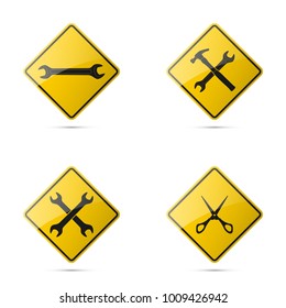 Set icons image of tools wrench parts. Symbols car part tools spanner for repair. Car service spanner pictures. Logo hammer garage. Vehicle spare parts. Set tailor scissors. Car wrench repair service