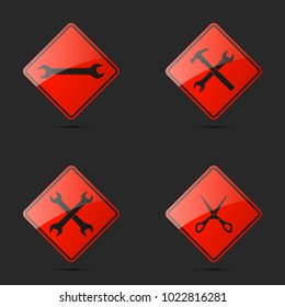 Set icons image of tools wrench parts. Symbols car part tools spanner for repair. Car service spanner pictures. Logo hammer garage. Vehicle spare parts. Set tailor scissors. Car wrench repair service