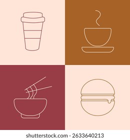 A set of icons with images of various food and beverages. A takeaway coffee cup, a tea cup with a saucer, a plate of noodles with chopsticks, and a juicy burger.