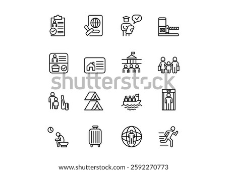 A set of icons for Immigration. The icons include Passport Control, Visa Application, Customs Check, Asylum Request, Deportation. Editable stroke. Vector illustration	
