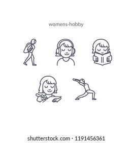Set of icons. It includes various women's hobbies. The woman is traveling, reading, listening music, drawing,  doing yoga . Style is a line. Grey colour. 