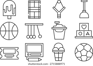 Conjunto de iconos que incluyen un helado de la computadora de baloncesto y más aislados en fondo transparente
