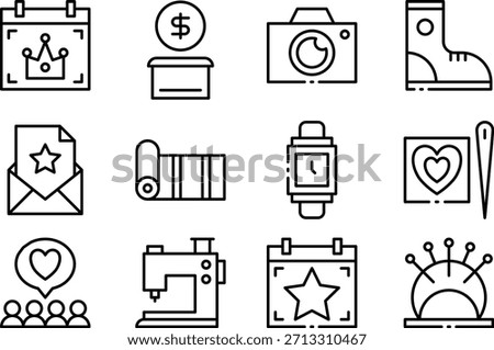 Set of icons including calendar dollar sign camera boot document fabric watch heart pen heart with people sewing machine calendar with star and crown with lines isolated on transparent background