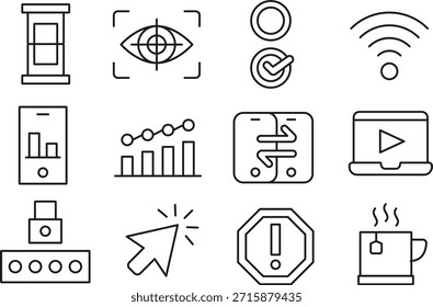 Conjunto de iconos que incluyen un reloj de ojos círculos WiFi smartphone graph ordenador y más aislado en fondo transparente
