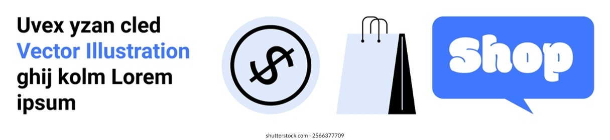 Set of icons including a dollar symbol, shopping bags, and the word shop in a blue speech bubble Ideal for e-commerce, online shopping, retail, business, and marketing themes Landing page