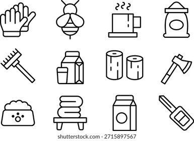 Conjunto de iconos que incluyen guantes de abeja café taza reloj rastrillo leche cartón registros como banco de jabón leche cartón y llaves aisladas sobre fondo transparente