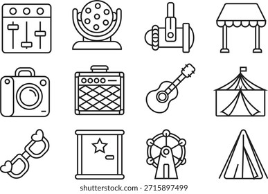 Conjunto de iconos que incluyen instrumentos musicales y símbolos de viaje aislados sobre fondo transparente