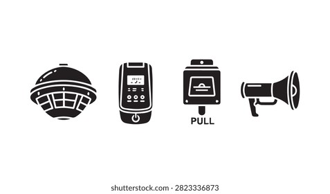 A set of icons including a security camera, mobile phone, and megaphone, representing security, communication, and alerts in digital and physical environments.