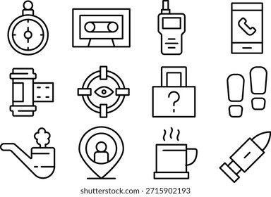 Set of icons including a stopwatch TV phone and other items isolated on a transparent background