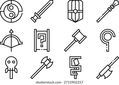 Satz von Symbolen, einschließlich einer Schwertschutztaste und anderer Symbole, einzeln auf transparentem Hintergrund