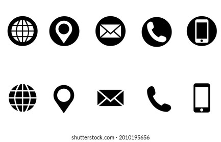 Eine Reihe von Symbolen, einschließlich Website, Adresse oder Ort, E-Mail oder E-Mail, Telefon oder Festnetz und Handy. Vektorgrafiken haben kreisförmige Hintergründe und Ausschnitte. Ideal für Visitenkarten, Poster, Flyer.