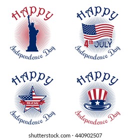 Set icons for Independence Day. 4th of July. Happy Independence Day of America. Statue of Liberty, US flag, star shaped American flag, Uncle Sam's hat. Vector icon isolated on white background