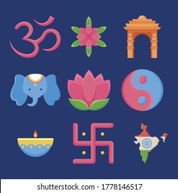 set of icons independence day india vector illustration design