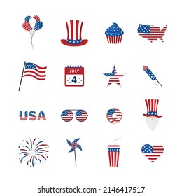 Set of icons for Independence Day of USA. Holiday elements for 4th of July celebration. National Freedom Day. Vector illustration in cartoon style.