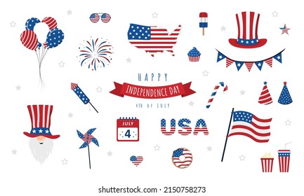 Juego de íconos para el Día de la Independencia de Estados Unidos. Disfraces y elementos tradicionales para la celebración del 4 de julio. Día Nacional de la Libertad. Ilustración vectorial al estilo de las caricaturas.