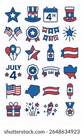 Conjunto de ícones para o Dia da Independência dos EUA. Fogos de artifício, chapéu de tio Sam, distintivos, balões, bandeira, letras, decorações de festa, mapas, bebida, picolé e elementos tradicionais para a celebração do 4 de julho.