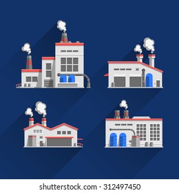 Set icons of industrial buildings and factories isolated on blue background. Manufacture of products. Flat design illustration 