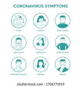 Set icons infographic of coronavirus symptoms, quarantine pandemic ncov-2019 Covid-19 instruction of virus influenza symptoms for people and society. Healthcare and medicine information poster.