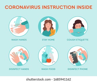 Set Icons Infographic Of Prevention Tips Quarantine Coronavirus Covid-19 Instruction Inside Of House For People And Society. Safety Rules During Pandemic Ncov-2019 In Home. Information Poster Brochure