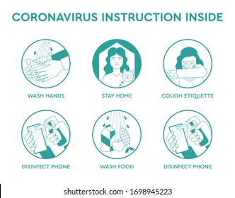 Set icons infographic of prevention tips quarantine coronavirus Covid-19 instruction inside of house for people and society. Safety rules during pandemic ncov-2019 in home. Information poster brochure