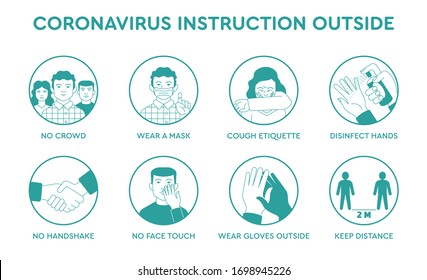 Set icons infographic of prevention tips quarantine coronavirus Covid-19 instruction outside of street for people and society. Safety rules during pandemic ncov-2019. Information poster brochure.