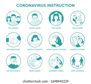 Set icons infographic of prevention tips quarantine coronavirus Covid-19 instruction inside and outside for people and society. Safety rules during pandemic ncov-2019. Information poster, brochure.