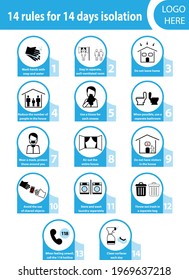 Set icons infographic of prevention tips quarantine coronavirus Covid-19 instructios to isolate at home. 14 Safety rules during quarantine. Information poster brochure.