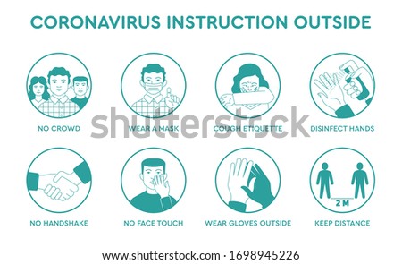 Set icons infographic of prevention tips quarantine coronavirus Covid-19 instruction outside of street for people and society. Safety rules during pandemic ncov-2019. Information poster brochure.