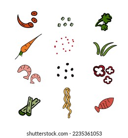 Set icons for infographics Noodles and ingredients. Asian food Vector illustration.