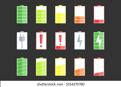 A set of icons of the information state of the battery. A set of indicators of the level of charge of the battery. Information icons for charging the phone's battery. Vector illustration.
