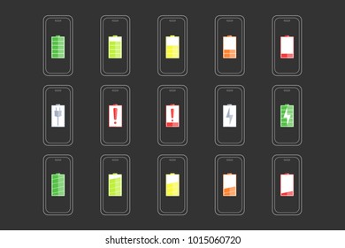 A set of icons of the information state of the battery. A set of indicators of the level of charge of the battery. Information icons for charging the phone's battery. Vector illustration.
