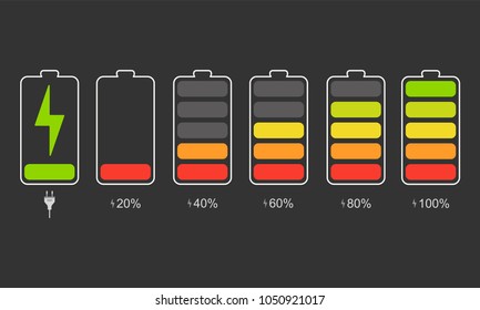 A set of icons of the information state of the battery. A set of indicators of the level of charge of the battery. Information icons for charging the phone's battery. Vector illustration.