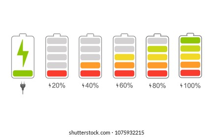 A set of icons of the information state of the battery. A set of indicators of the level of charge of the battery. Information icons for charging the phone's battery. Vector illustration.