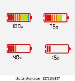 A set of icons of the information state of the battery. A set of indicators of the level of charge of the battery. Information icons for charging the phone's battery. Vector illustration.