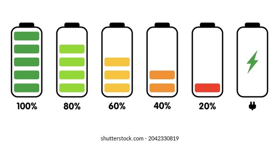 A set of icons of the information state of the battery. A set of indicators of the level of charge of the battery. Information icons for charging the phone's battery. Vector illustration.