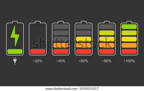 A\
set of icons of the information state of the battery. A set of\
indicators of the level of charge of the battery. Information icons\
for charging the phone\'s battery. Vector\
illustration.