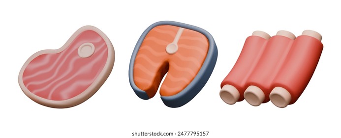 Conjunto de iconos de ingredientes para platos de carne y pescado. Filete de cerdo realista, costillas, filete de gallineta