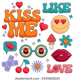 Set of icons and inscriptions in retro style. Groovy set hippie 00s. Cartoon flower lips glasses cherry etc.	