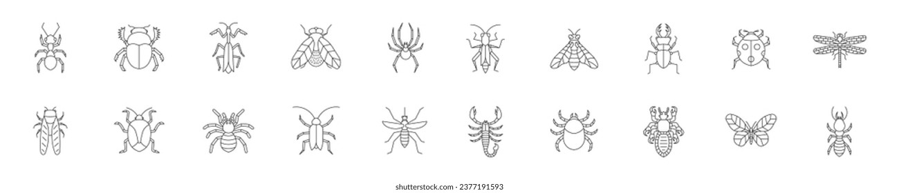 Set of icons with insects in linear style. Vector illustration.